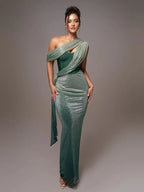 One-Shoulder Satin Maxi Gown with Draped Waist and Split