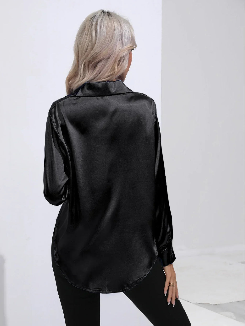 Women's Button-Down Satin Blouse - Long Sleeve V-Neck