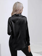 Women's Button-Down Satin Blouse - Long Sleeve V-Neck