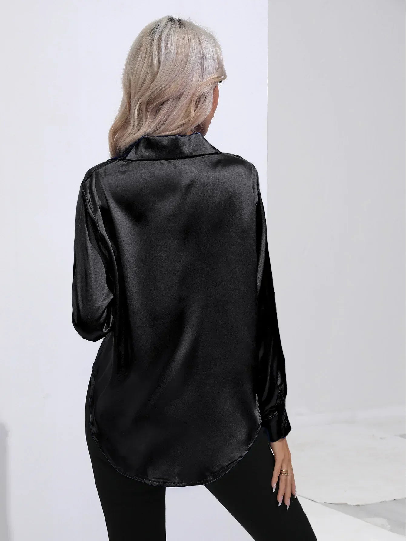 Women's Button-Down Satin Blouse - Long Sleeve V-Neck