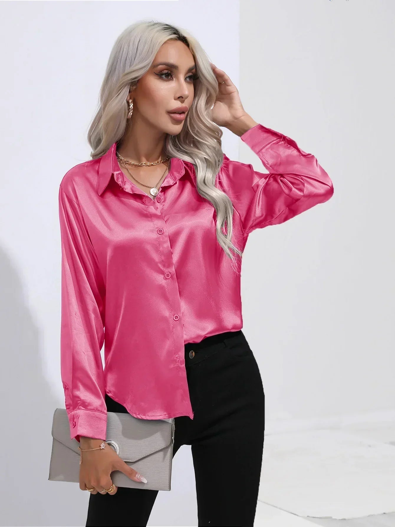 Women's Button-Down Satin Blouse - Long Sleeve V-Neck