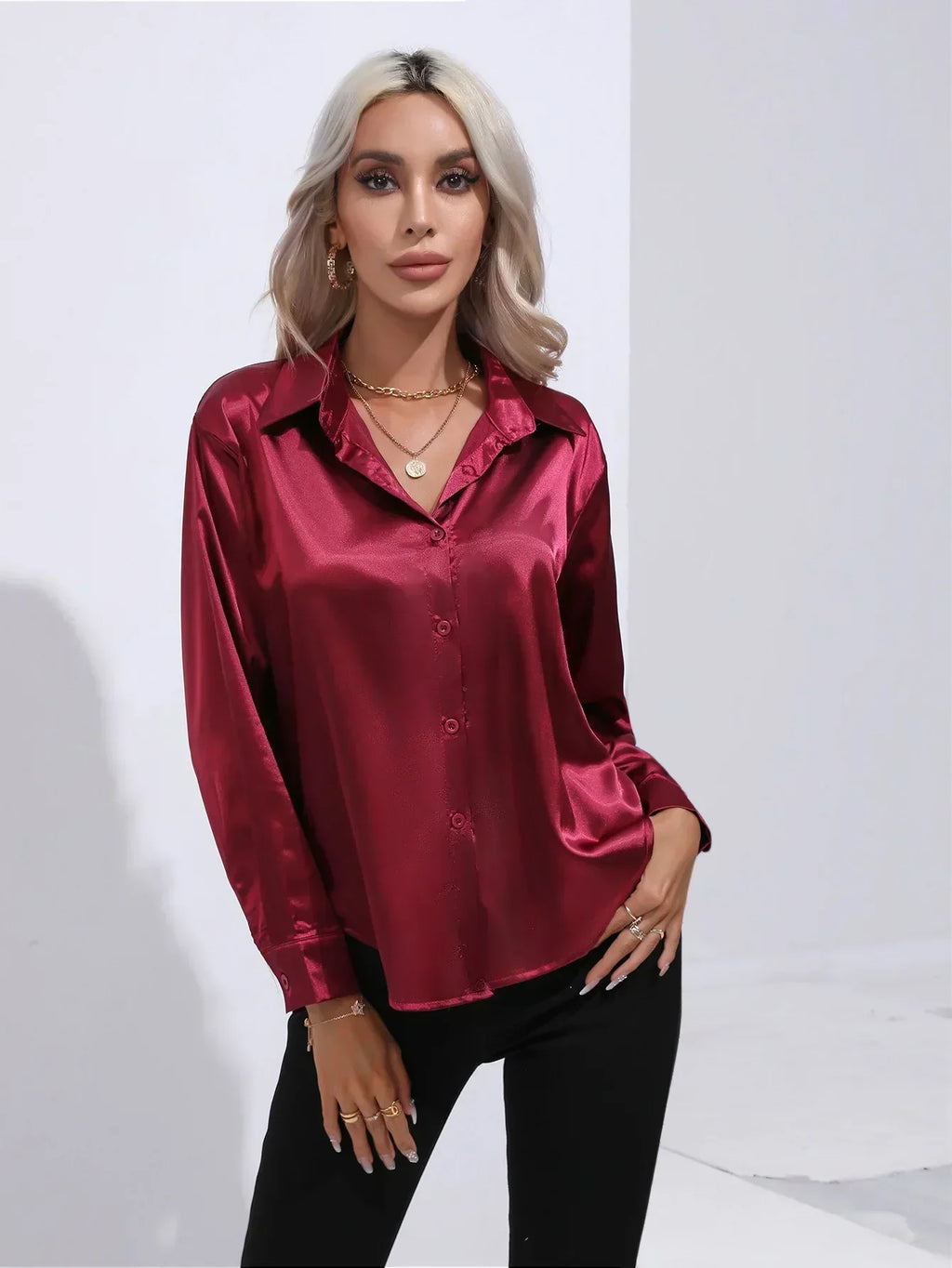Women's Button-Down Satin Blouse - Long Sleeve V-Neck