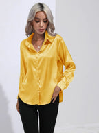 Women's Button-Down Satin Blouse - Long Sleeve V-Neck