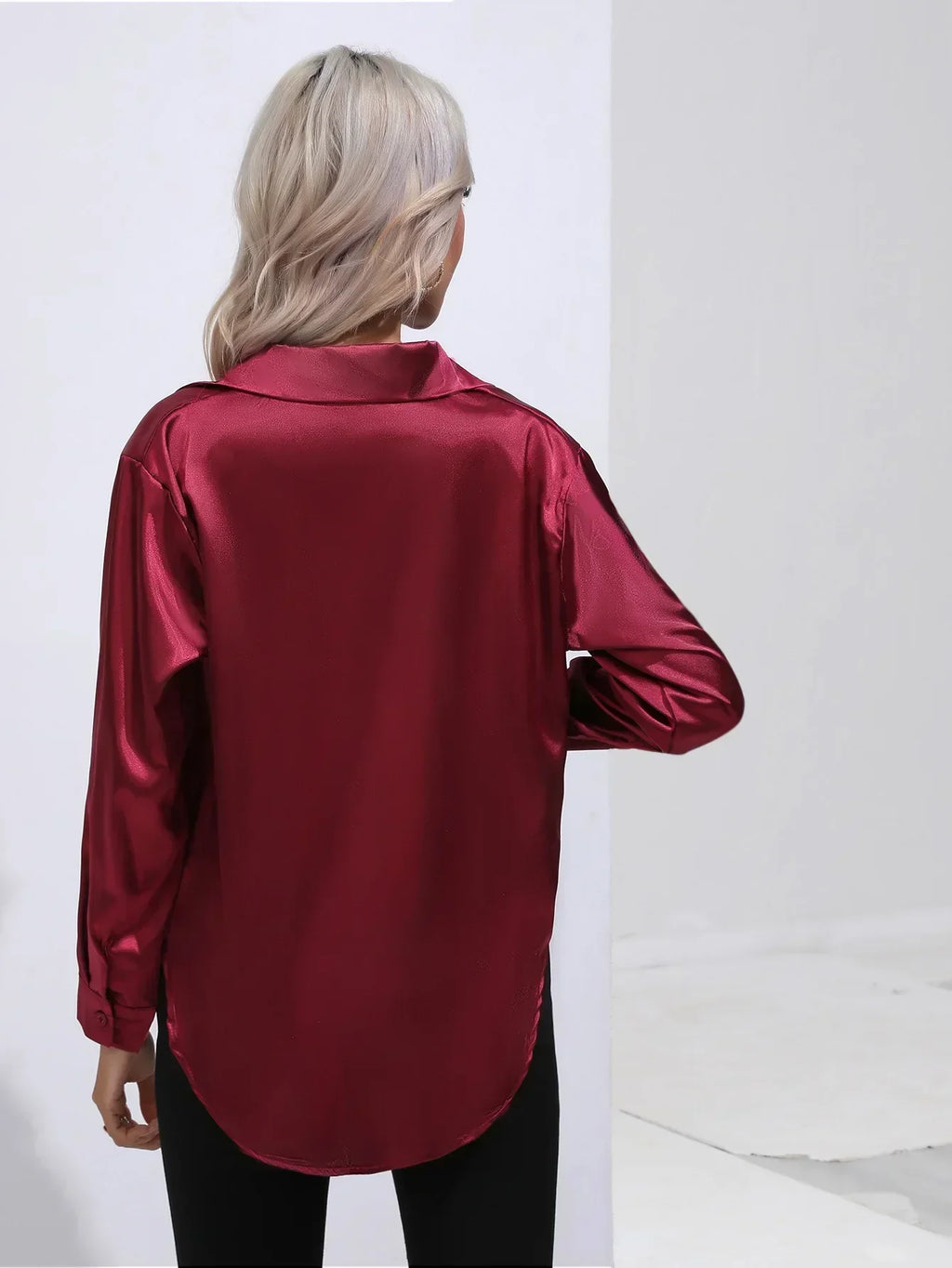 Women's Button-Down Satin Blouse - Long Sleeve V-Neck