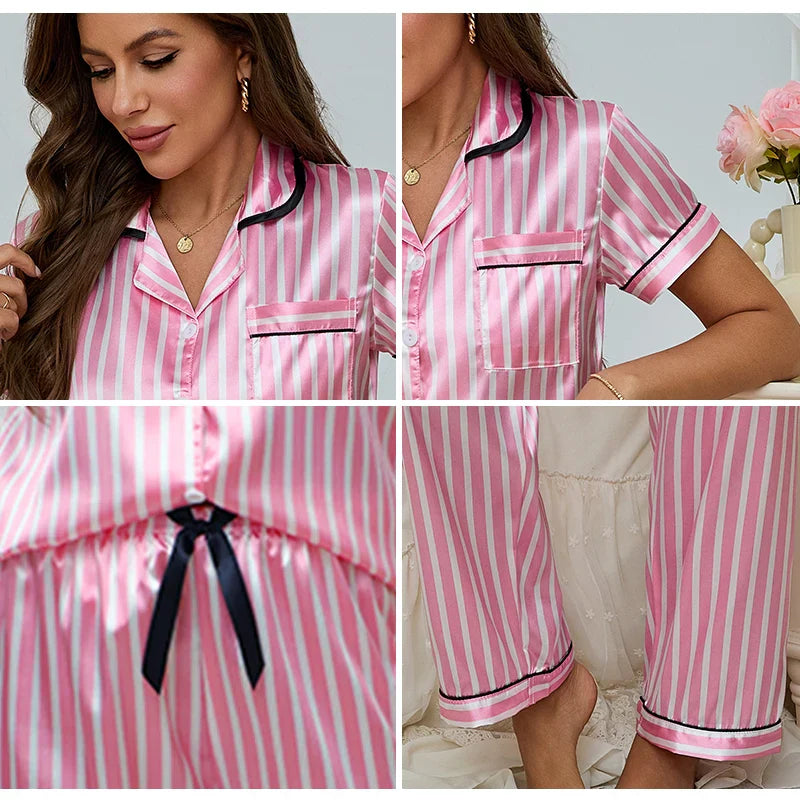 Women’s Pink Striped 2-Piece Pajama Set with Shirt and Trousers