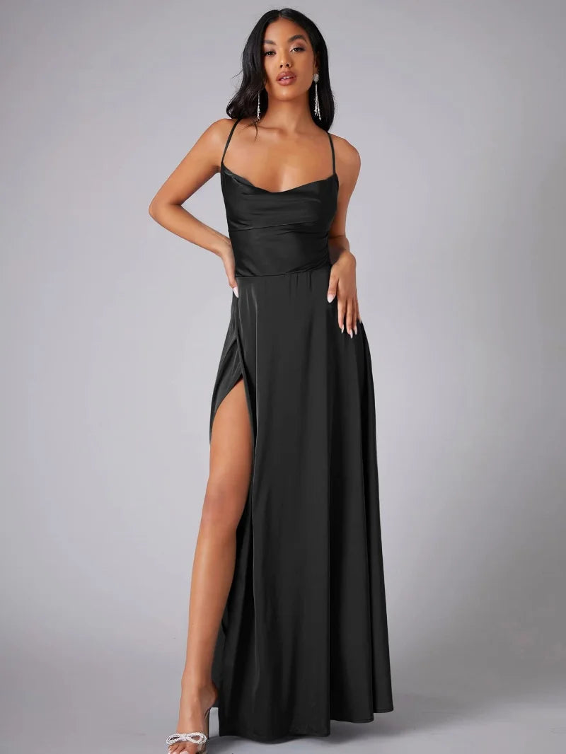 Women’s Maxi Evening Dress with Spaghetti Straps and High Slit