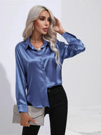 Women's Button-Down Satin Blouse - Long Sleeve V-Neck