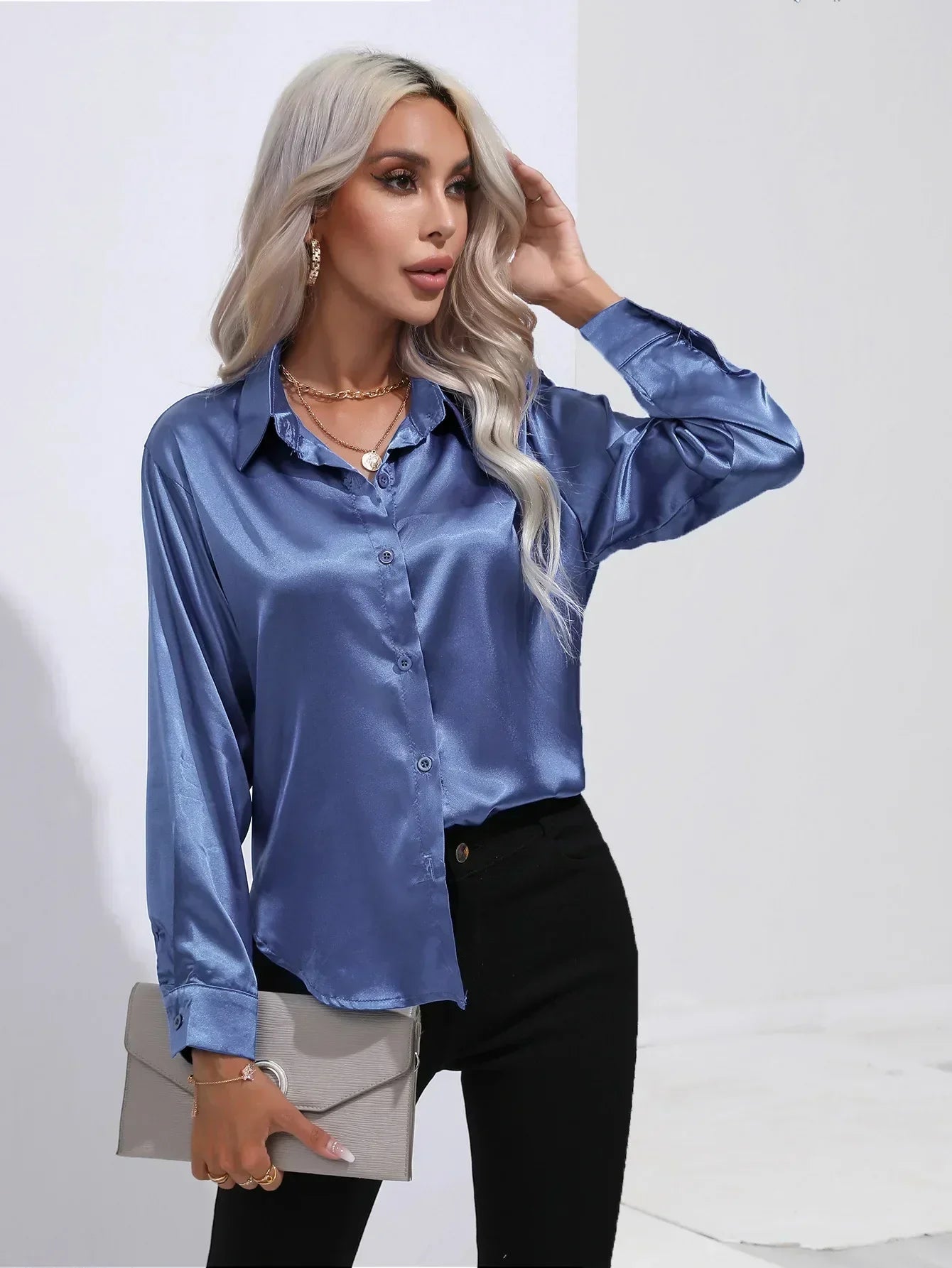 Women's Button-Down Satin Blouse - Long Sleeve V-Neck