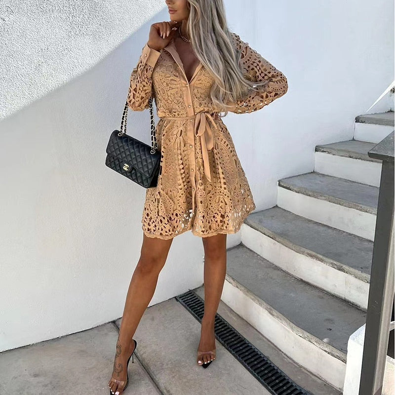 Women's Long Sleeve V-Neck Lace Dress