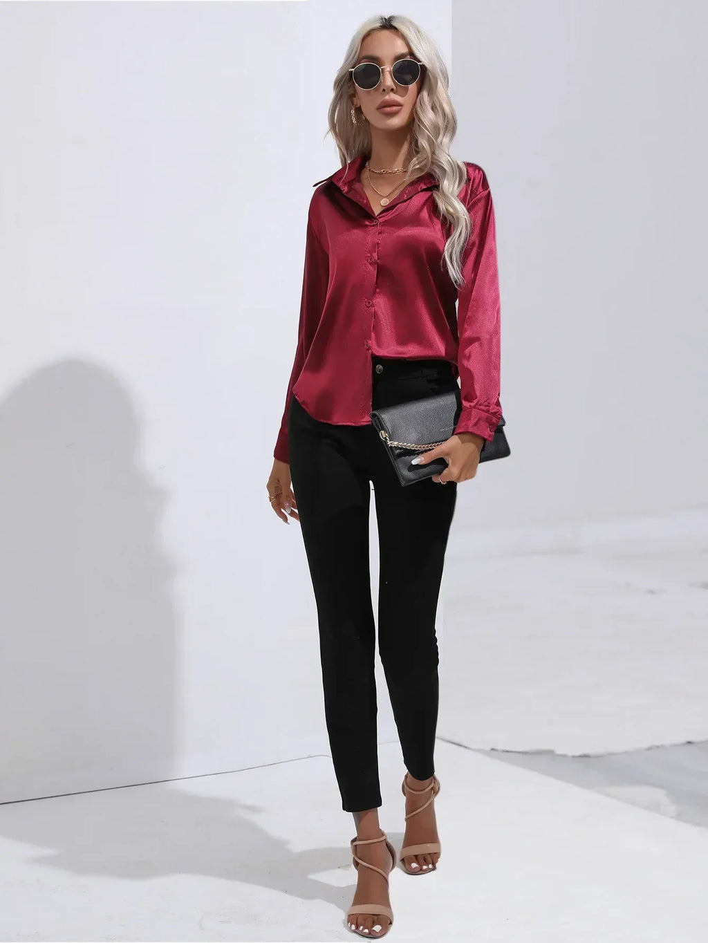 Women's Button-Down Satin Blouse - Long Sleeve V-Neck