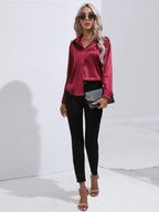 Women's Button-Down Satin Blouse - Long Sleeve V-Neck