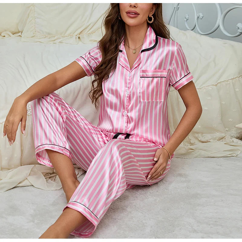 Women’s Pink Striped 2-Piece Pajama Set with Shirt and Trousers