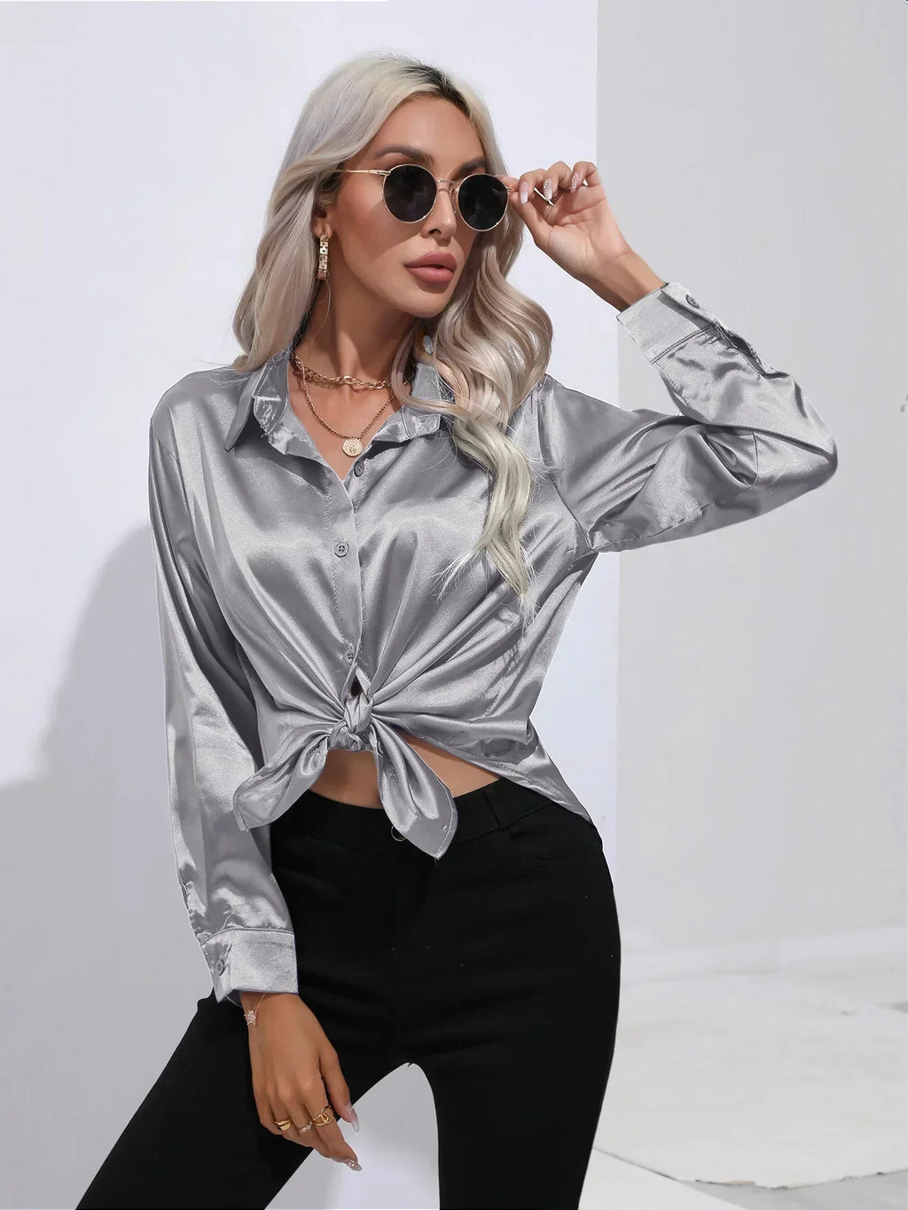 Women's Button-Down Satin Blouse - Long Sleeve V-Neck
