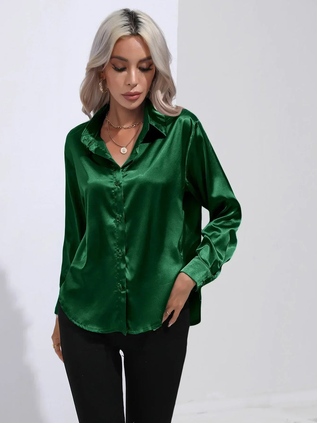Women's Button-Down Satin Blouse - Long Sleeve V-Neck