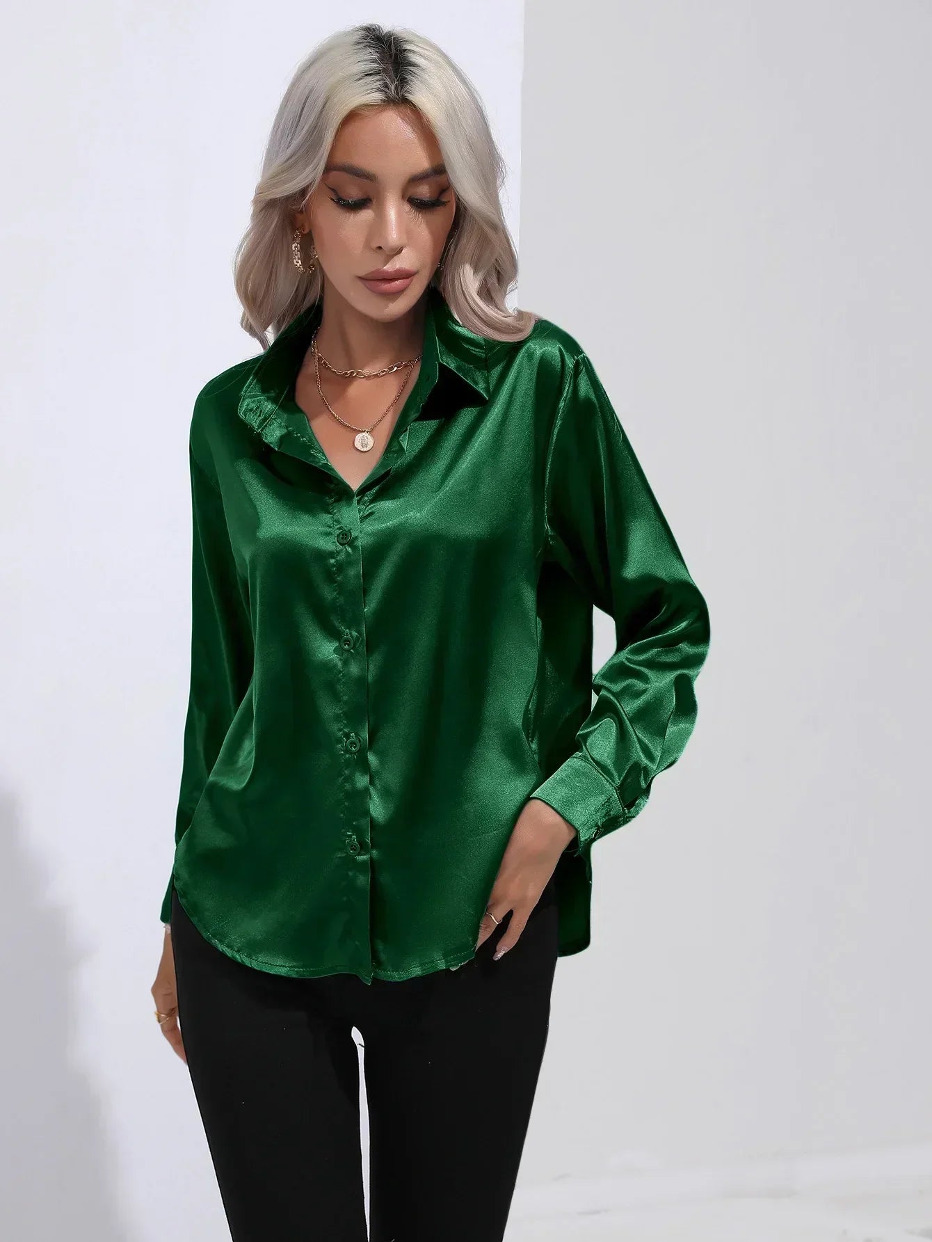 Women's Button-Down Satin Blouse - Long Sleeve V-Neck