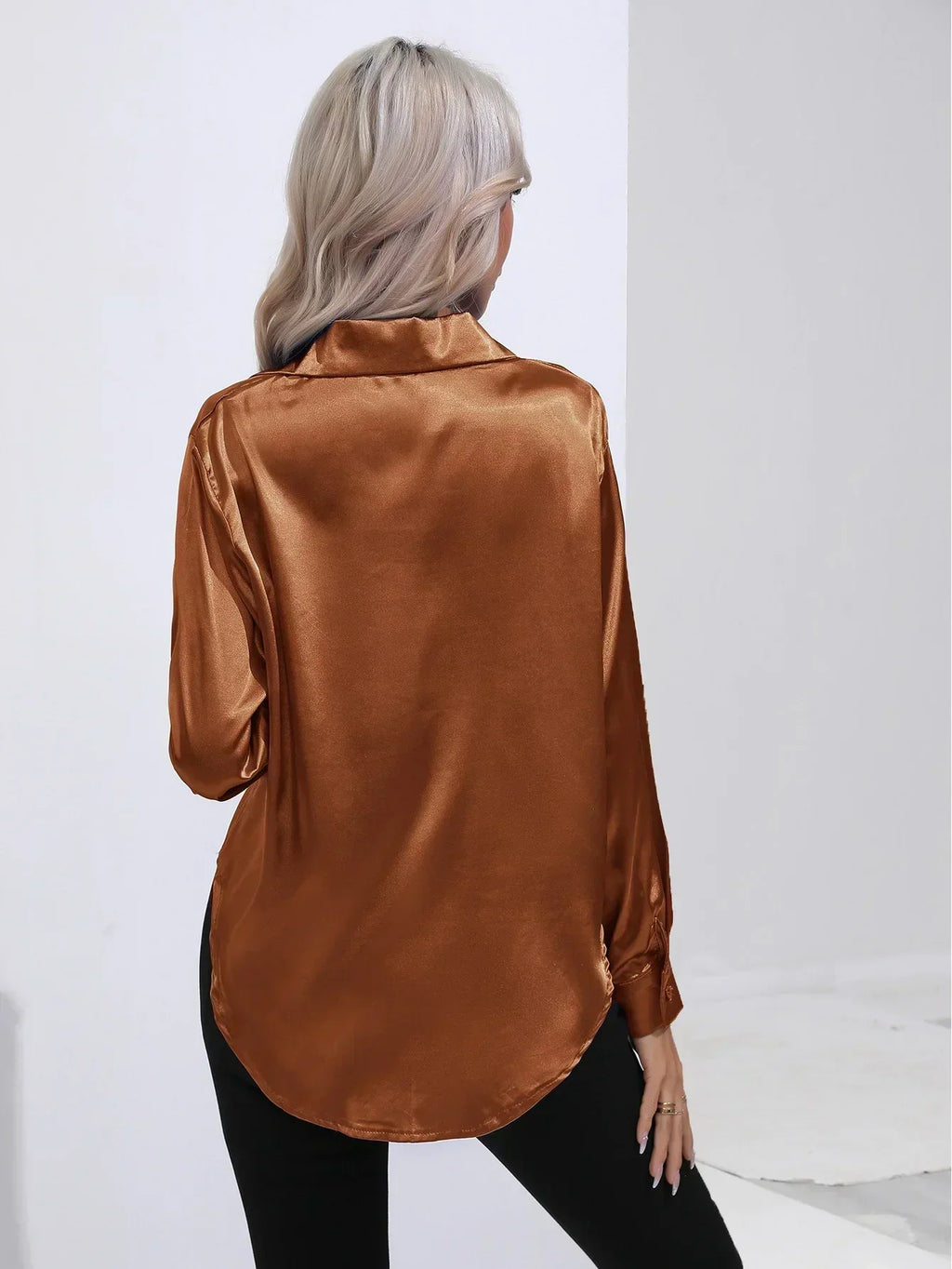 Women's Button-Down Satin Blouse - Long Sleeve V-Neck