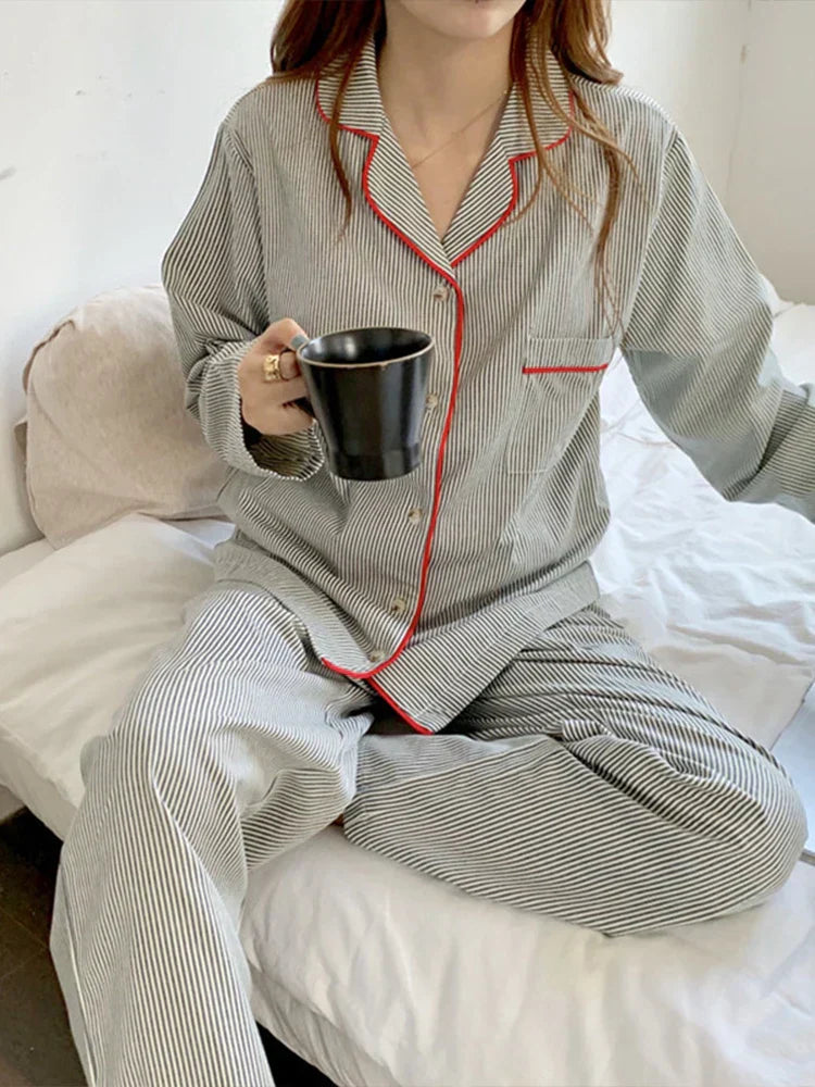 Women’s Striped 2-Piece Pajama Set with Button-Up Shirt and Trousers