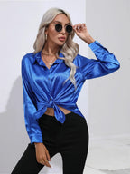 Women's Button-Down Satin Blouse - Long Sleeve V-Neck