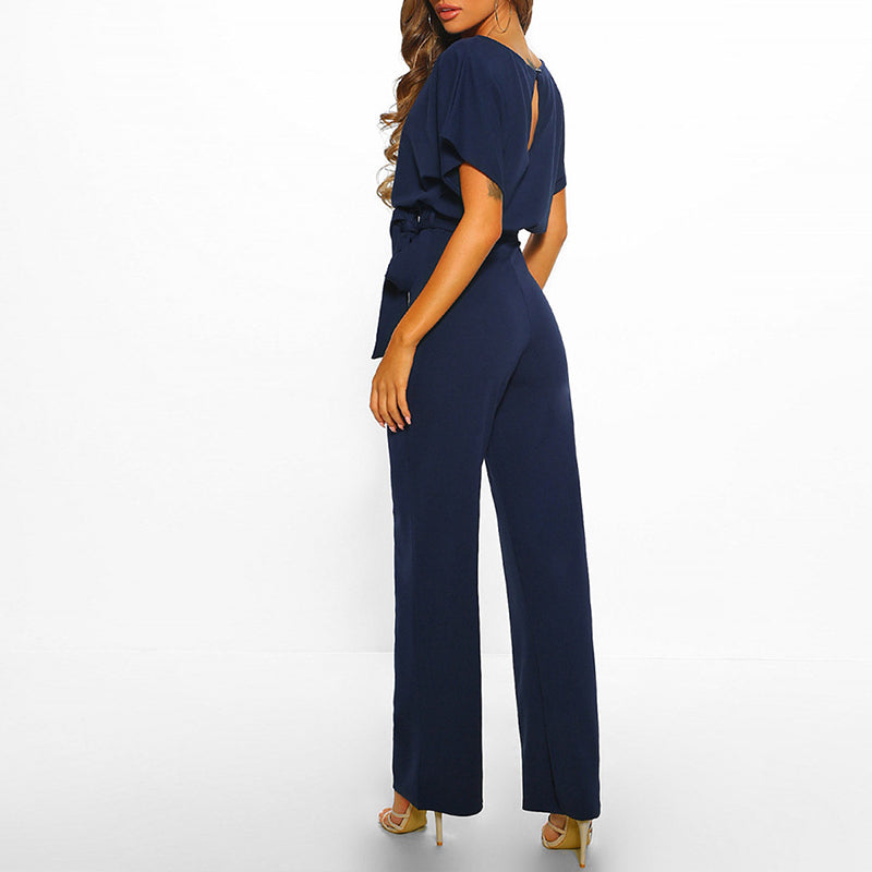 Women’s Short Sleeve Wide-Leg Jumpsuit with Waist Tie Detail