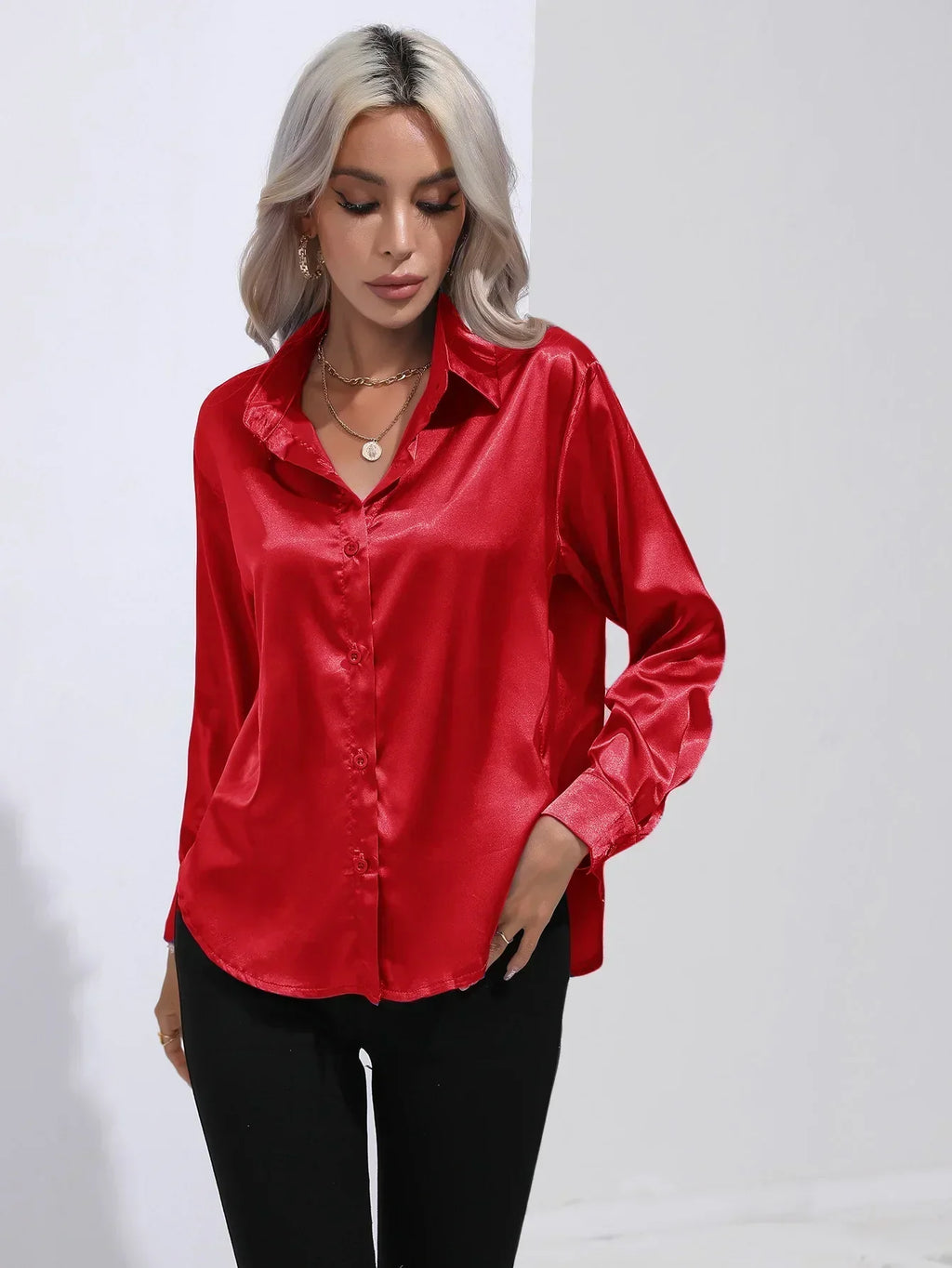 Women's Button-Down Satin Blouse - Long Sleeve V-Neck
