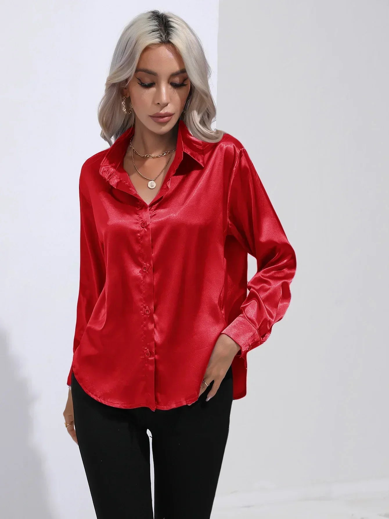 Women's Button-Down Satin Blouse - Long Sleeve V-Neck