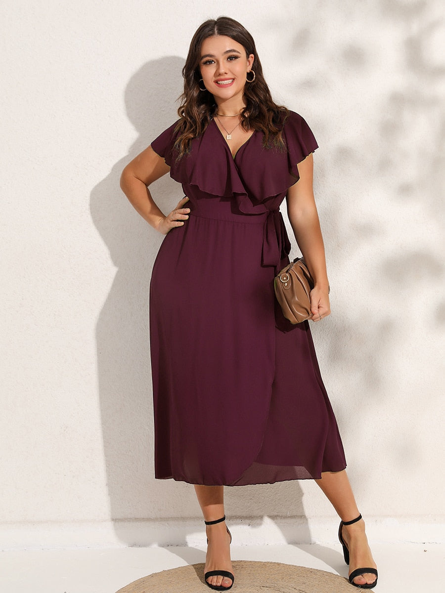 Women's Plus Size V-Neck Wrap Midi Dress