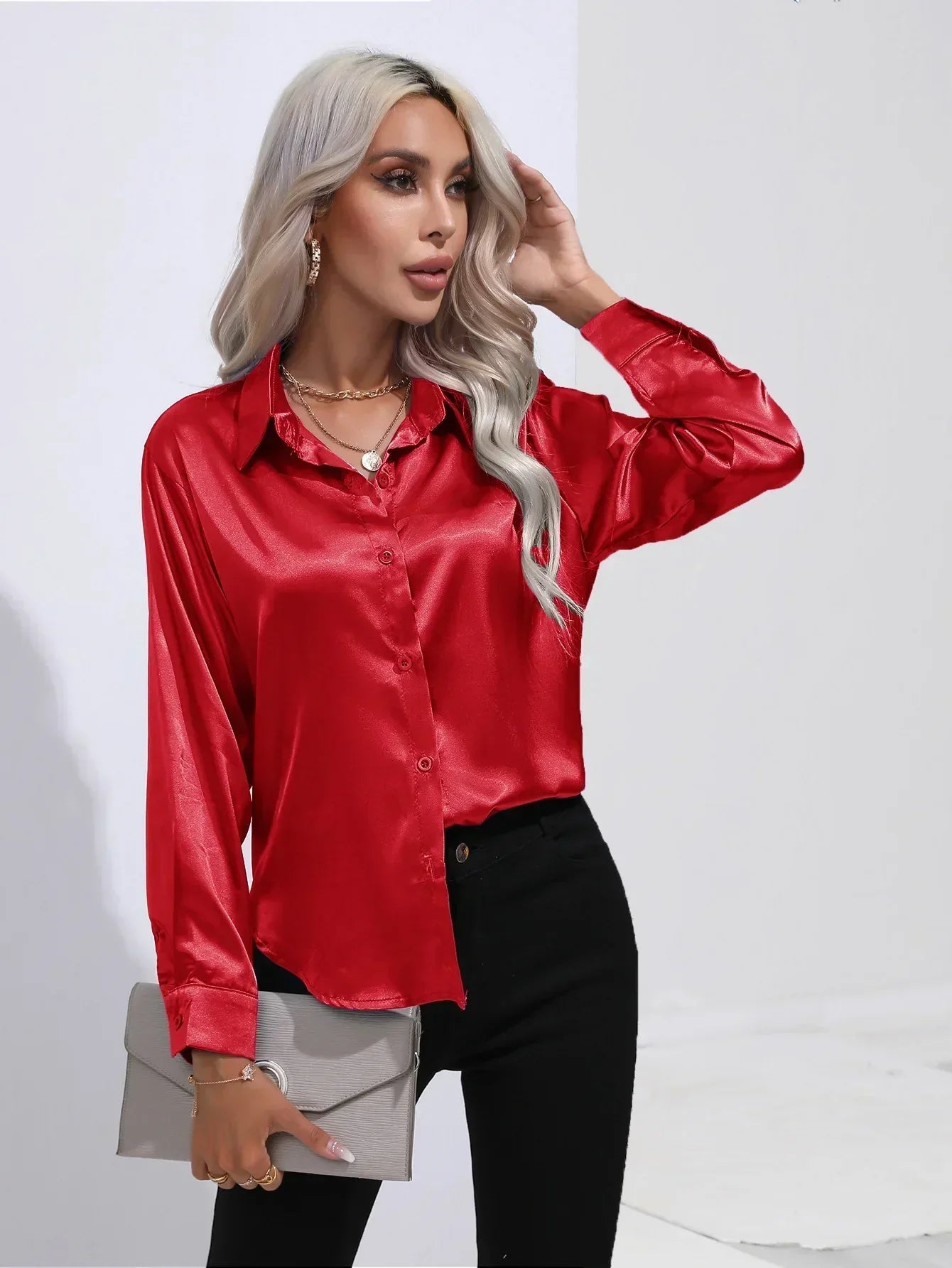 Women's Button-Down Satin Blouse - Long Sleeve V-Neck