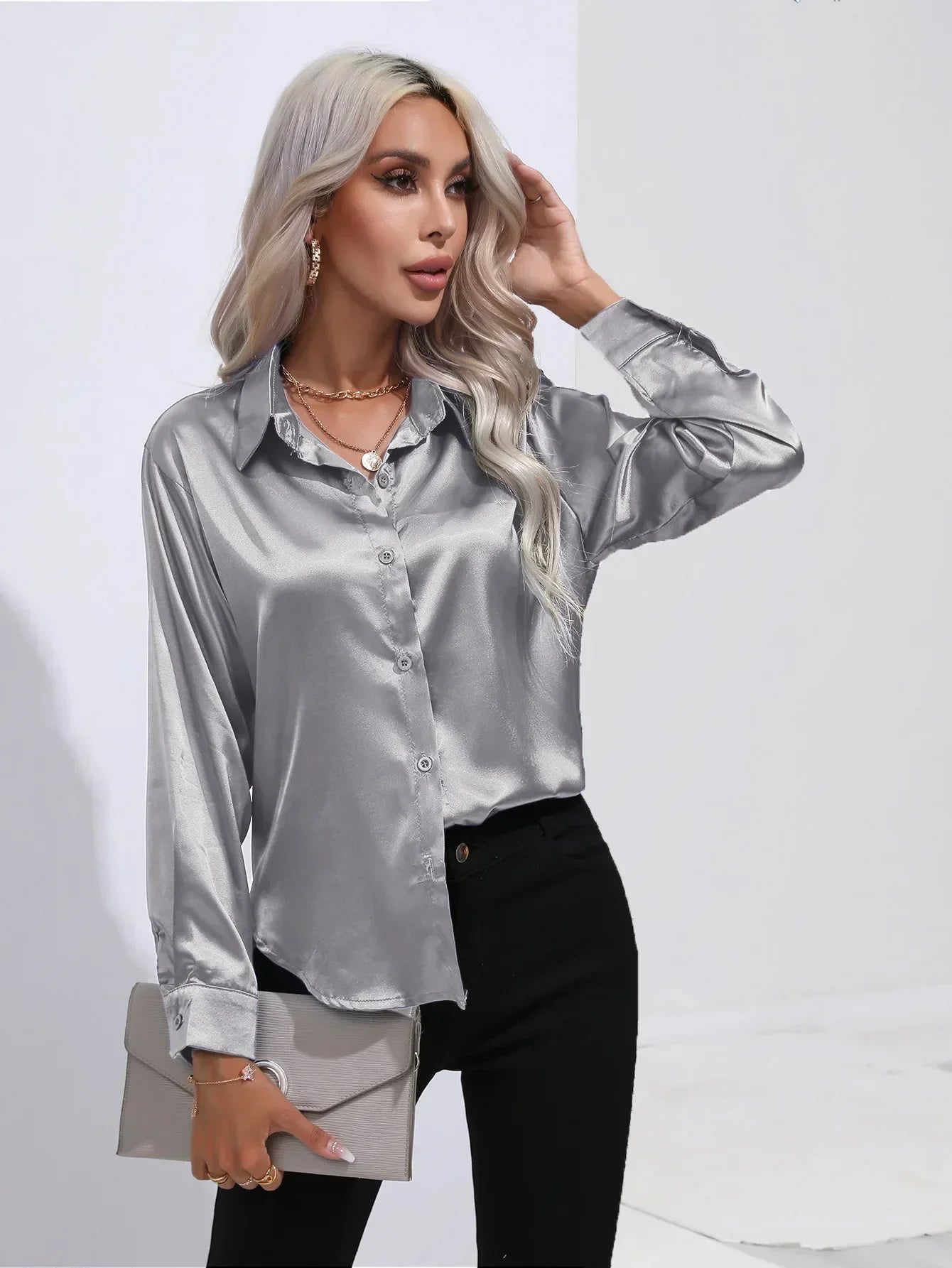 Women's Button-Down Satin Blouse - Long Sleeve V-Neck
