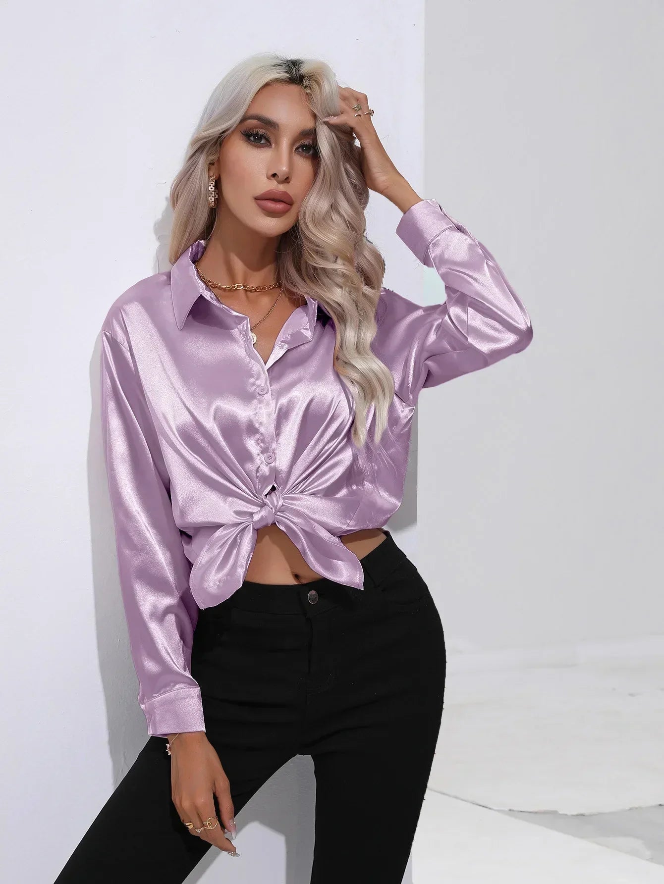 Women's Button-Down Satin Blouse - Long Sleeve V-Neck