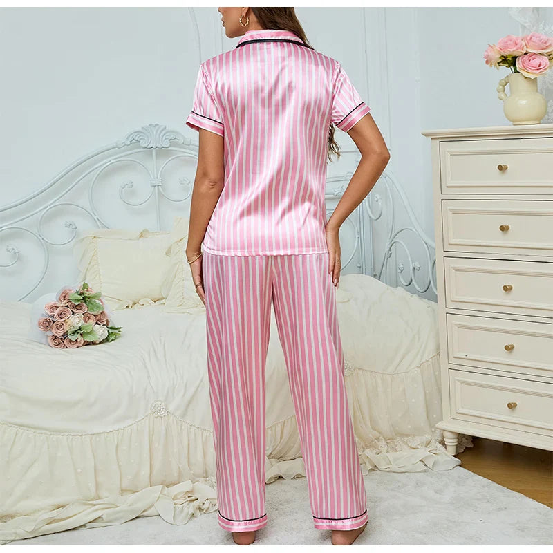 Women’s Pink Striped 2-Piece Pajama Set with Shirt and Trousers