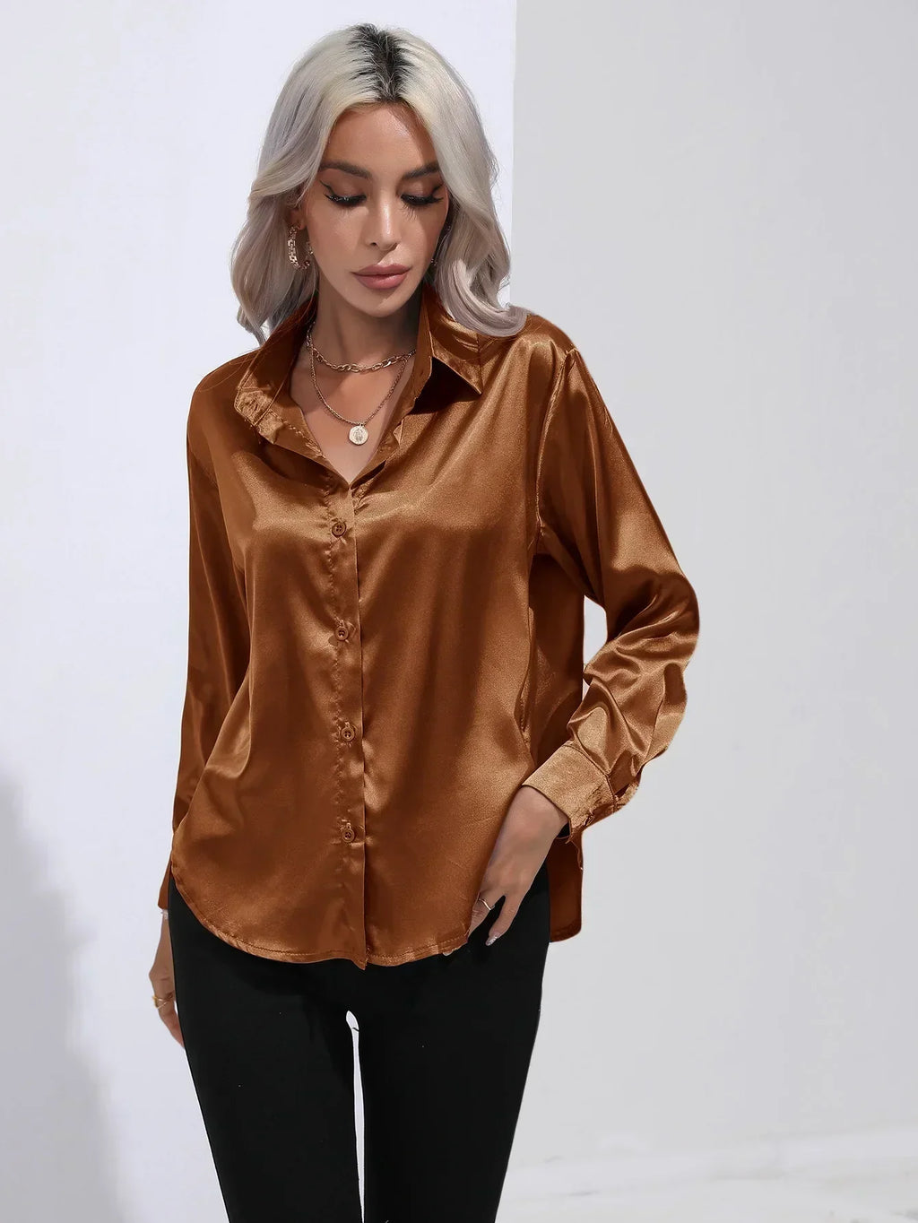 Women's Button-Down Satin Blouse - Long Sleeve V-Neck