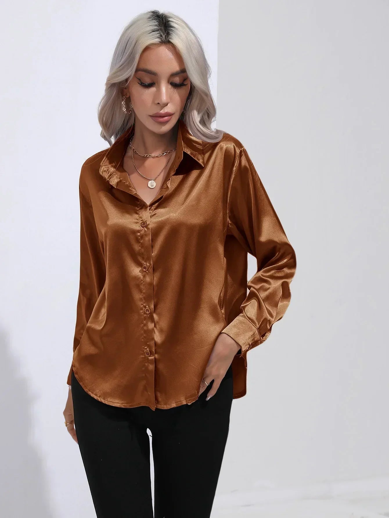 Women's Button-Down Satin Blouse - Long Sleeve V-Neck
