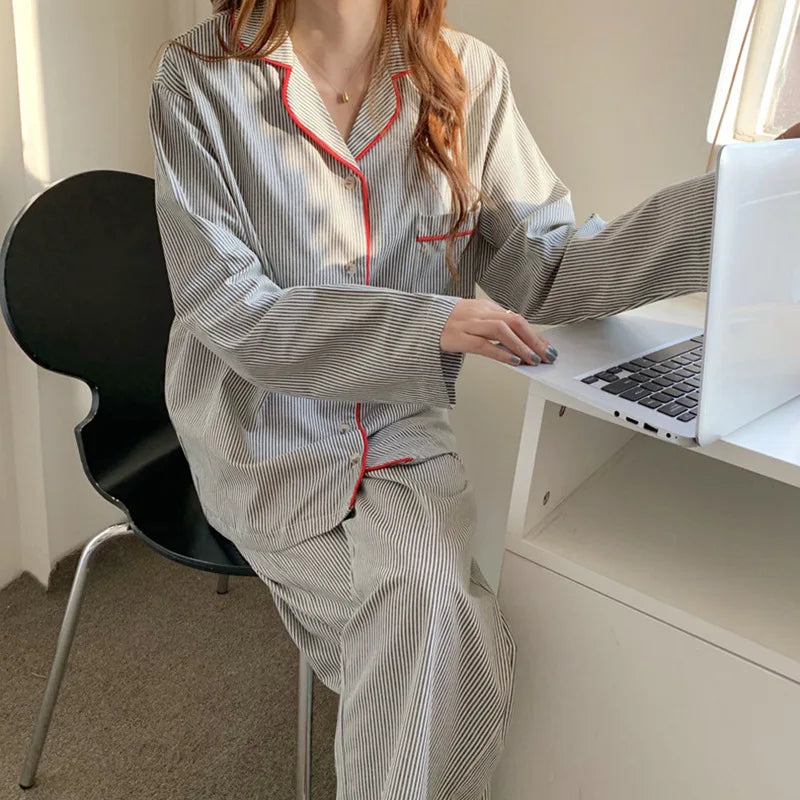 Women’s Striped 2-Piece Pajama Set with Button-Up Shirt and Trousers