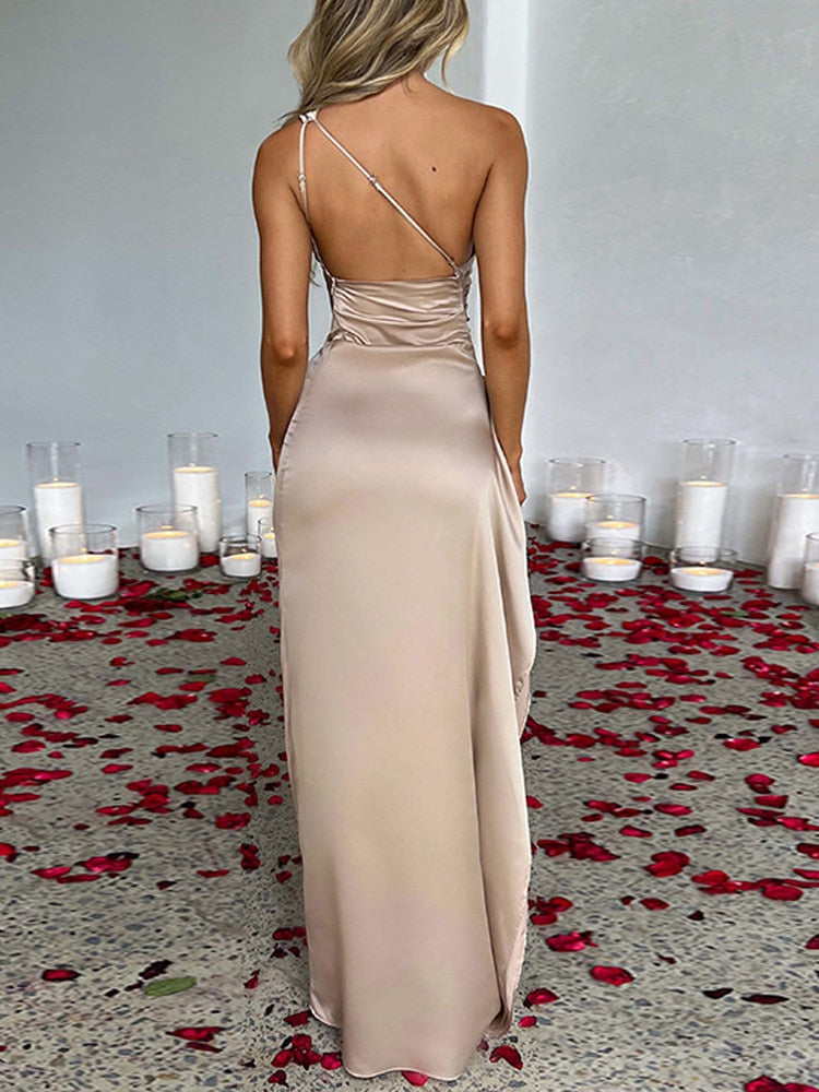 Women's One-Shoulder Satin Maxi Dress with High Slit