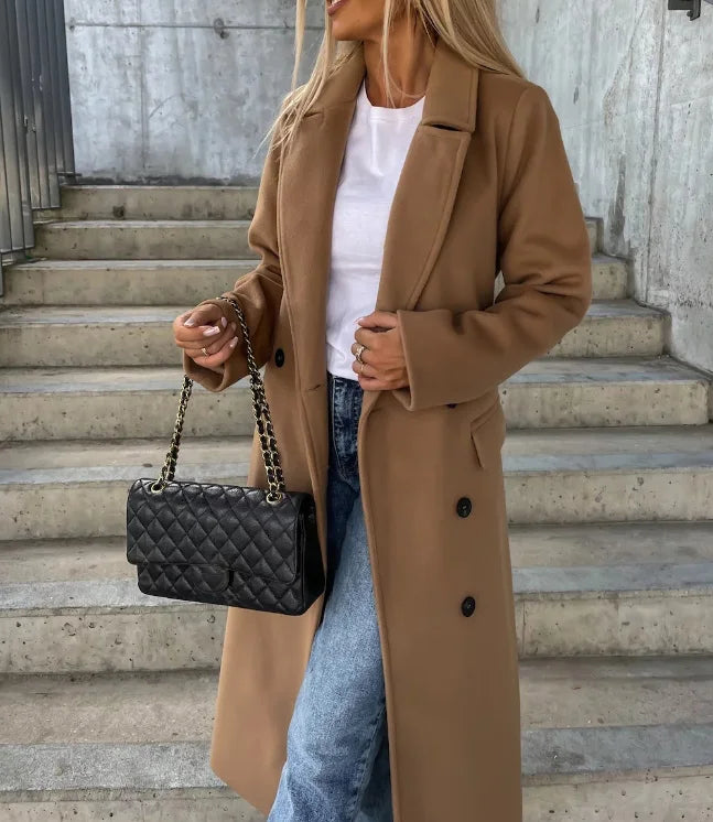 Long Double-Breasted Structured Wool Coat