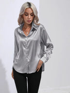 Women's Button-Down Satin Blouse - Long Sleeve V-Neck
