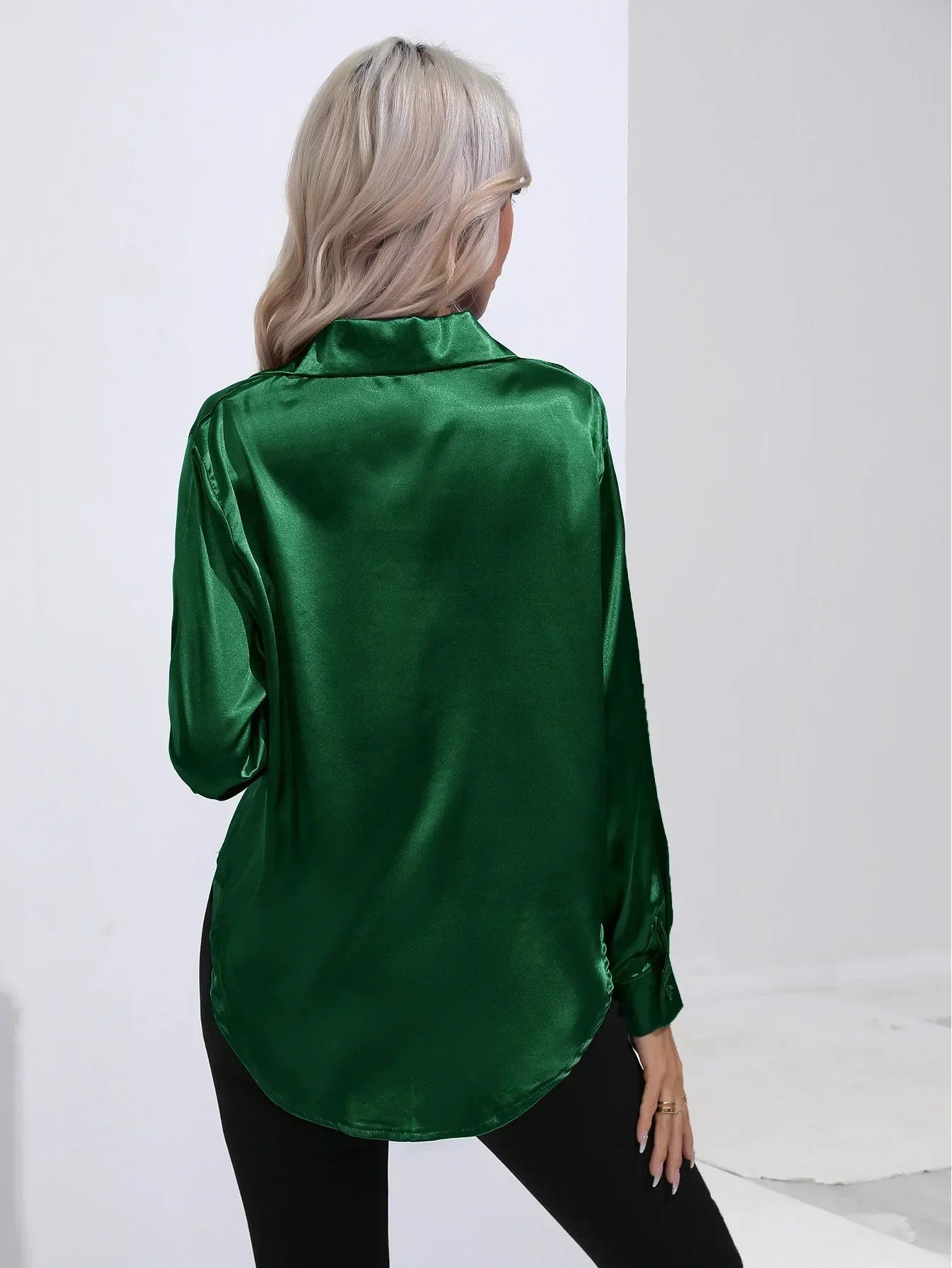 Women's Button-Down Satin Blouse - Long Sleeve V-Neck