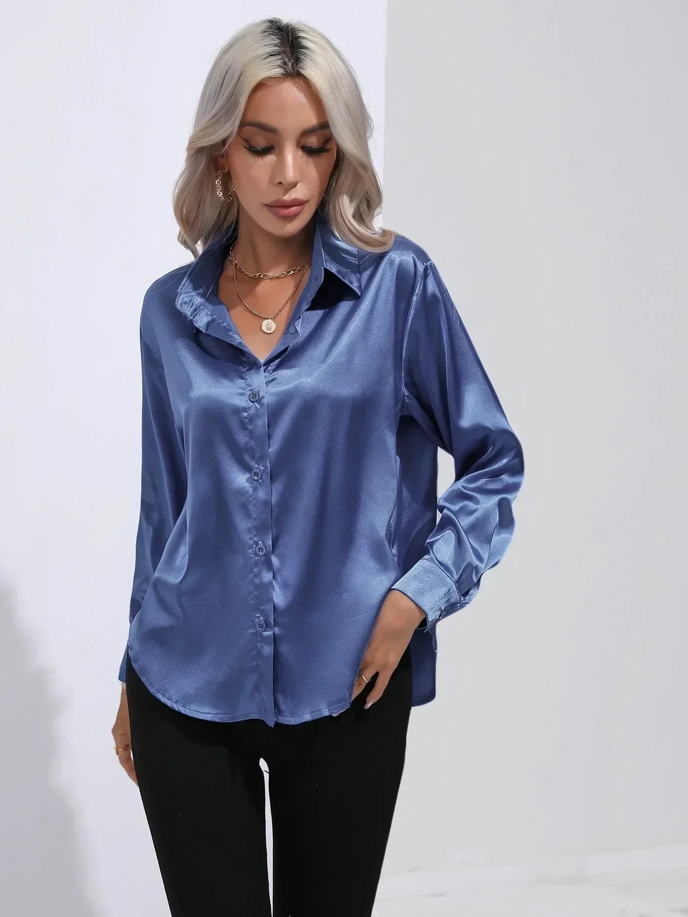 Women's Button-Down Satin Blouse - Long Sleeve V-Neck