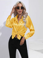Women's Button-Down Satin Blouse - Long Sleeve V-Neck