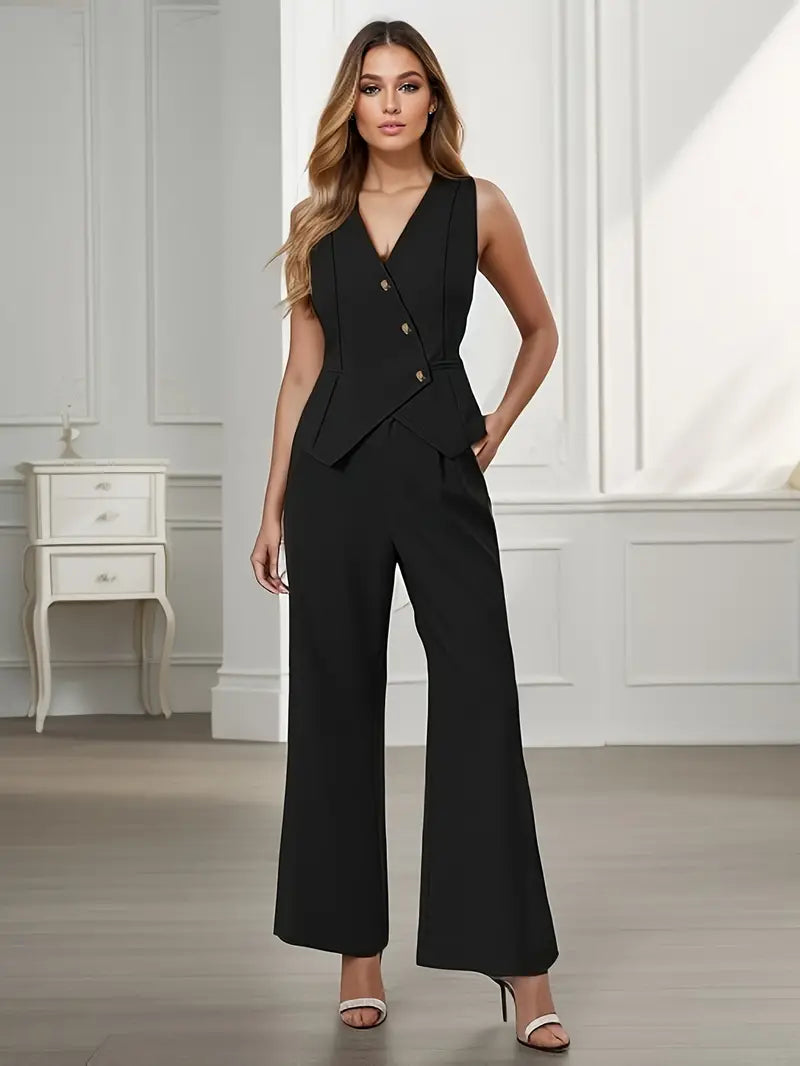 Women’s 2-Piece Tailored Set with Sleeveless Vest and Wide-Leg Pants