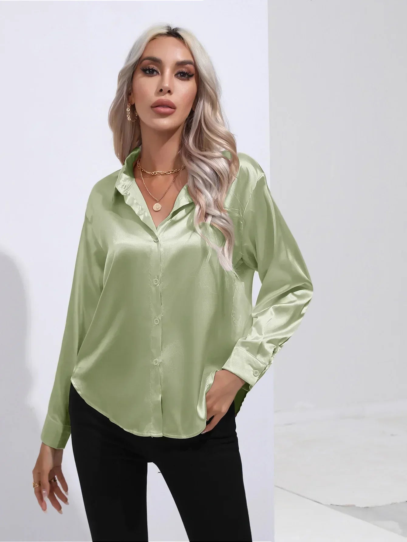 Women's Button-Down Satin Blouse - Long Sleeve V-Neck