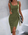 Women's V-Neck Wrap Midi Dress with Waist Tie
