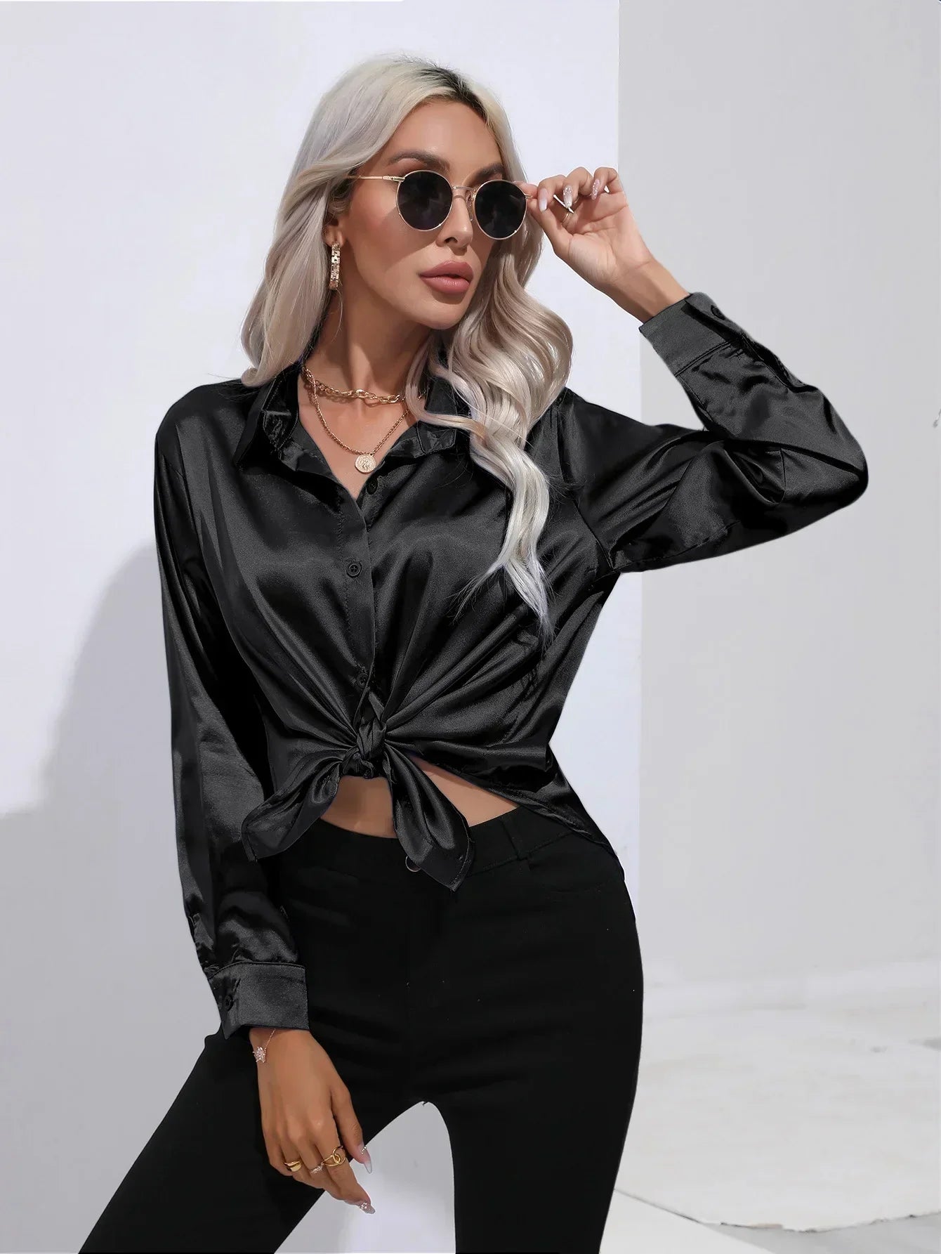 Women's Button-Down Satin Blouse - Long Sleeve V-Neck