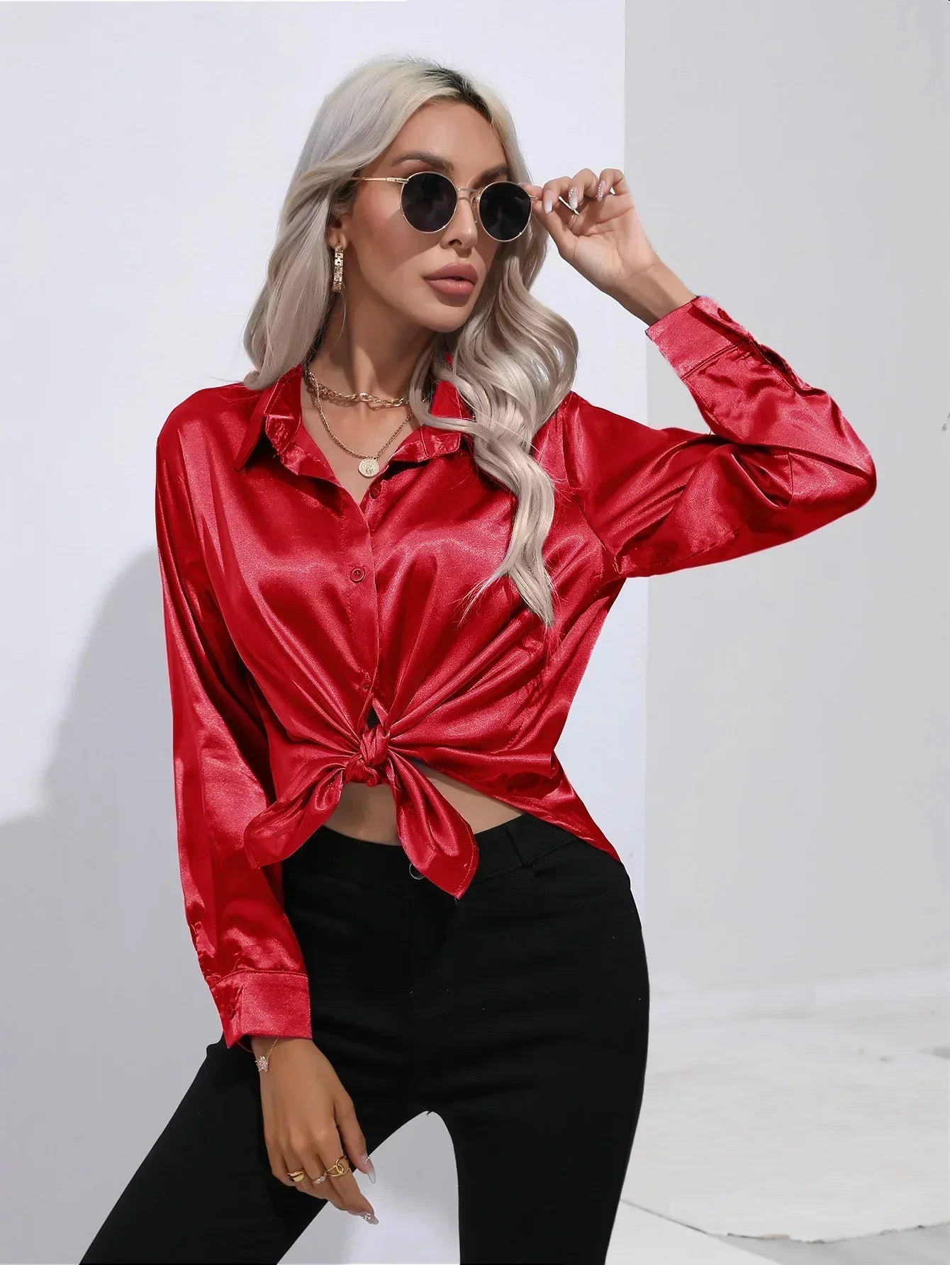 Women's Button-Down Satin Blouse - Long Sleeve V-Neck