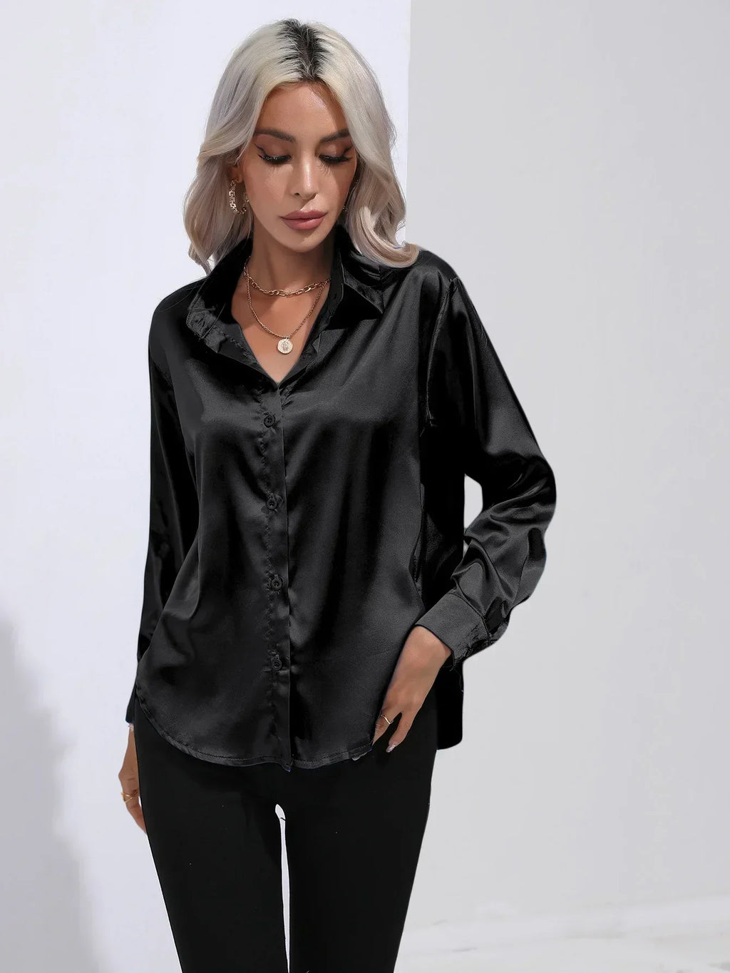 Women's Button-Down Satin Blouse - Long Sleeve V-Neck