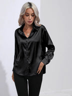 Women's Button-Down Satin Blouse - Long Sleeve V-Neck