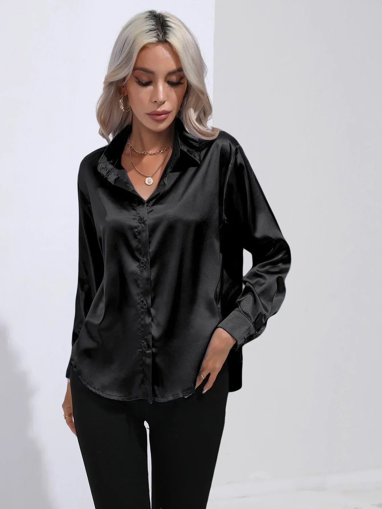 Women's Button-Down Satin Blouse - Long Sleeve V-Neck