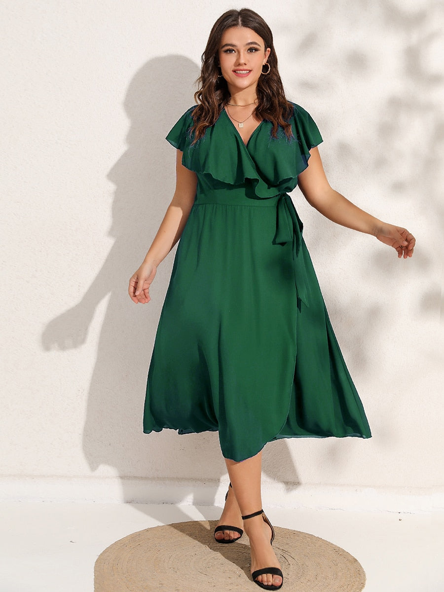 Women's Plus Size V-Neck Wrap Midi Dress