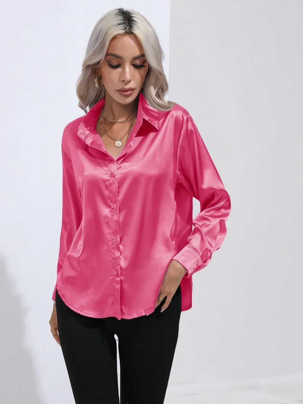 Women's Button-Down Satin Blouse - Long Sleeve V-Neck