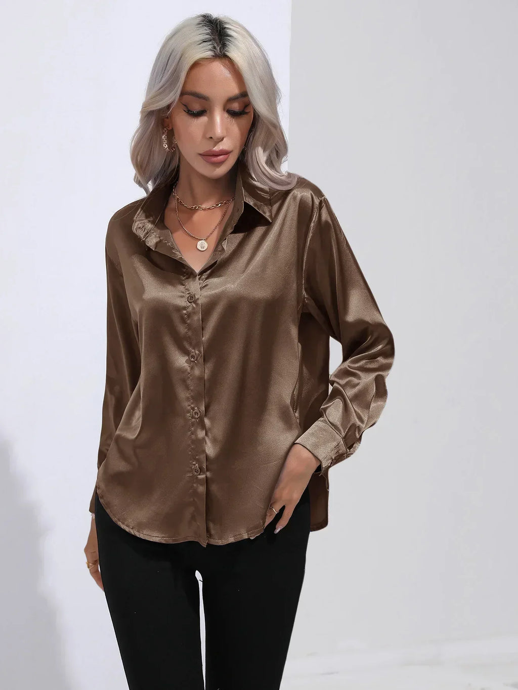 Women's Button-Down Satin Blouse - Long Sleeve V-Neck
